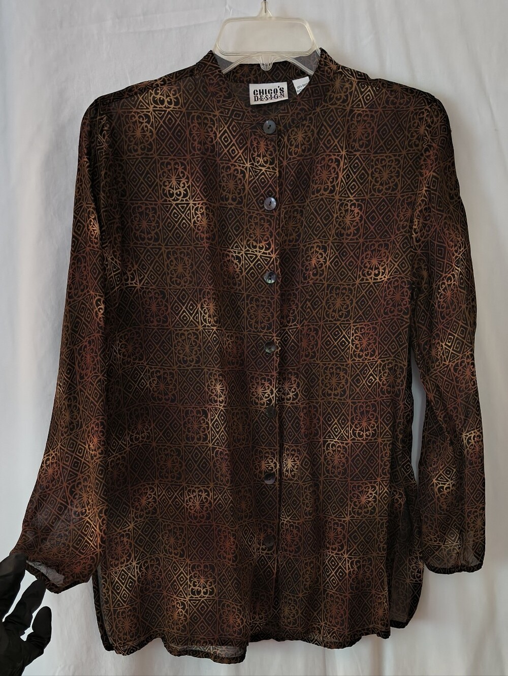 Chico's Sheer Geometric Button-Front Blouse in Brown and Black